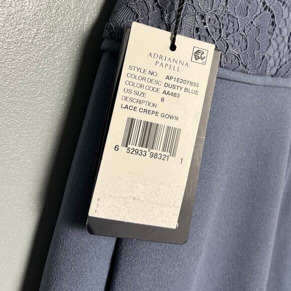 NWT Adrianna Papell One Shoulder Lace Crepe Gown Dusty Blue Women’s Size 8 - Picture 8 of 11